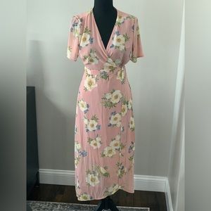 Bardot V-Neck Pink Floral Short Sleeve Midi Dress